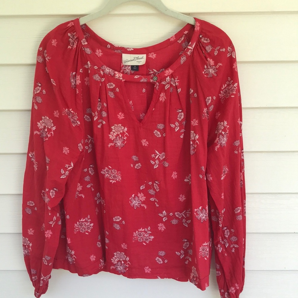 Red Floral Cotton Blouse with Notched Front